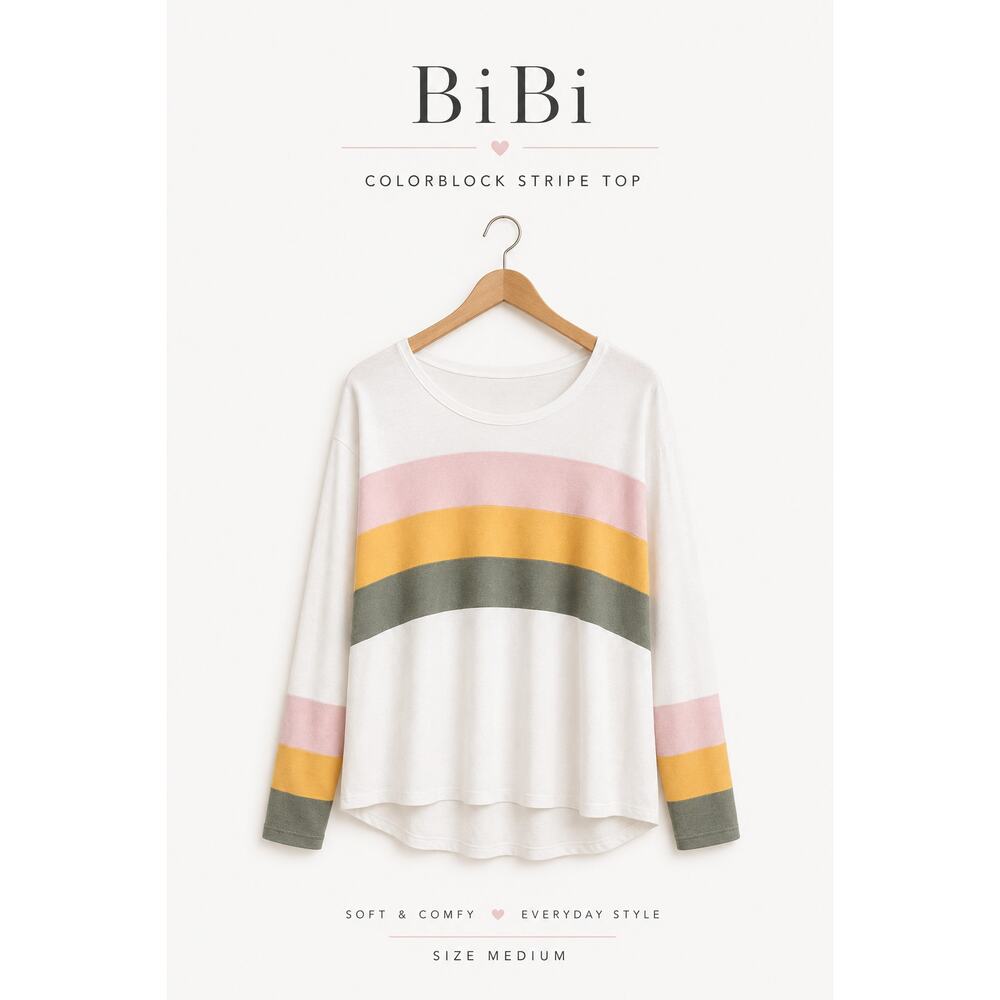 BIBI Medium Colorblock White Pullover Long Sleeve Stripe Soft Top